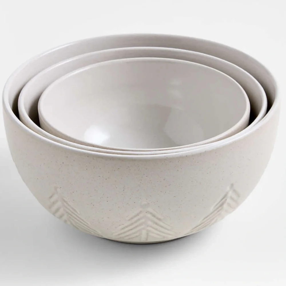 NEW! Crate&Barrel White Trees Stoneware Mixing Bowls, Set of 3 Ceramic Bowls